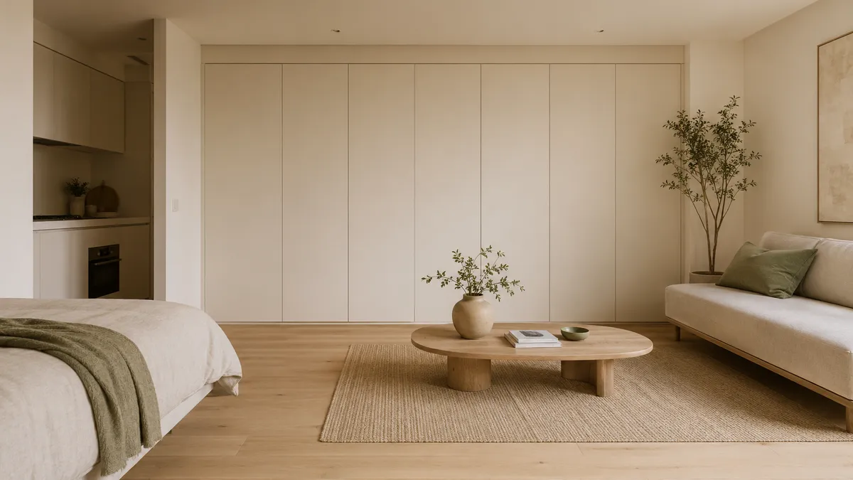Floor-to-ceiling handleless modular storage wall in a warm minimalist studio apartment, painted soft beige to maximize visual openness.