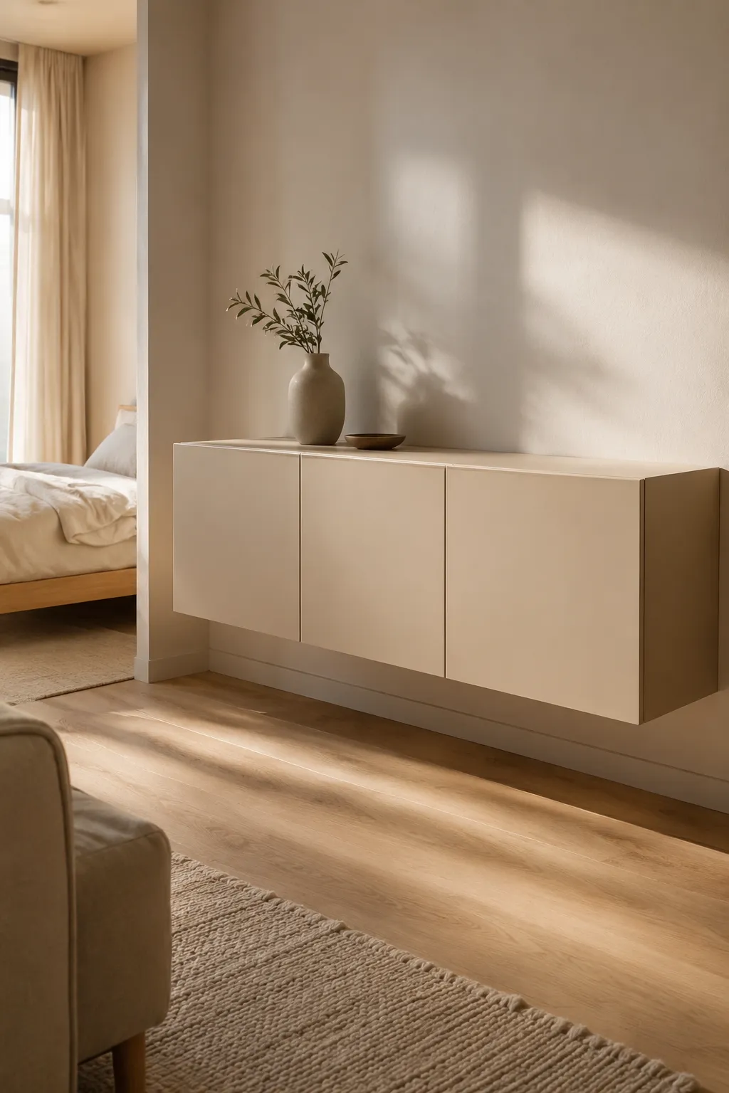 Floating handleless BESTA cabinet mounted on a beige wall, showing continuous wood flooring underneath for visual calm.