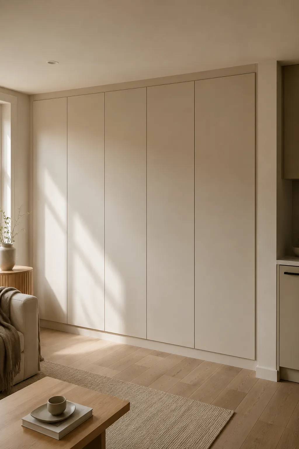 Floor-to-ceiling PAX wardrobe customized as a seamless faux wall, color-drenched in matte sand beige to hide storage.