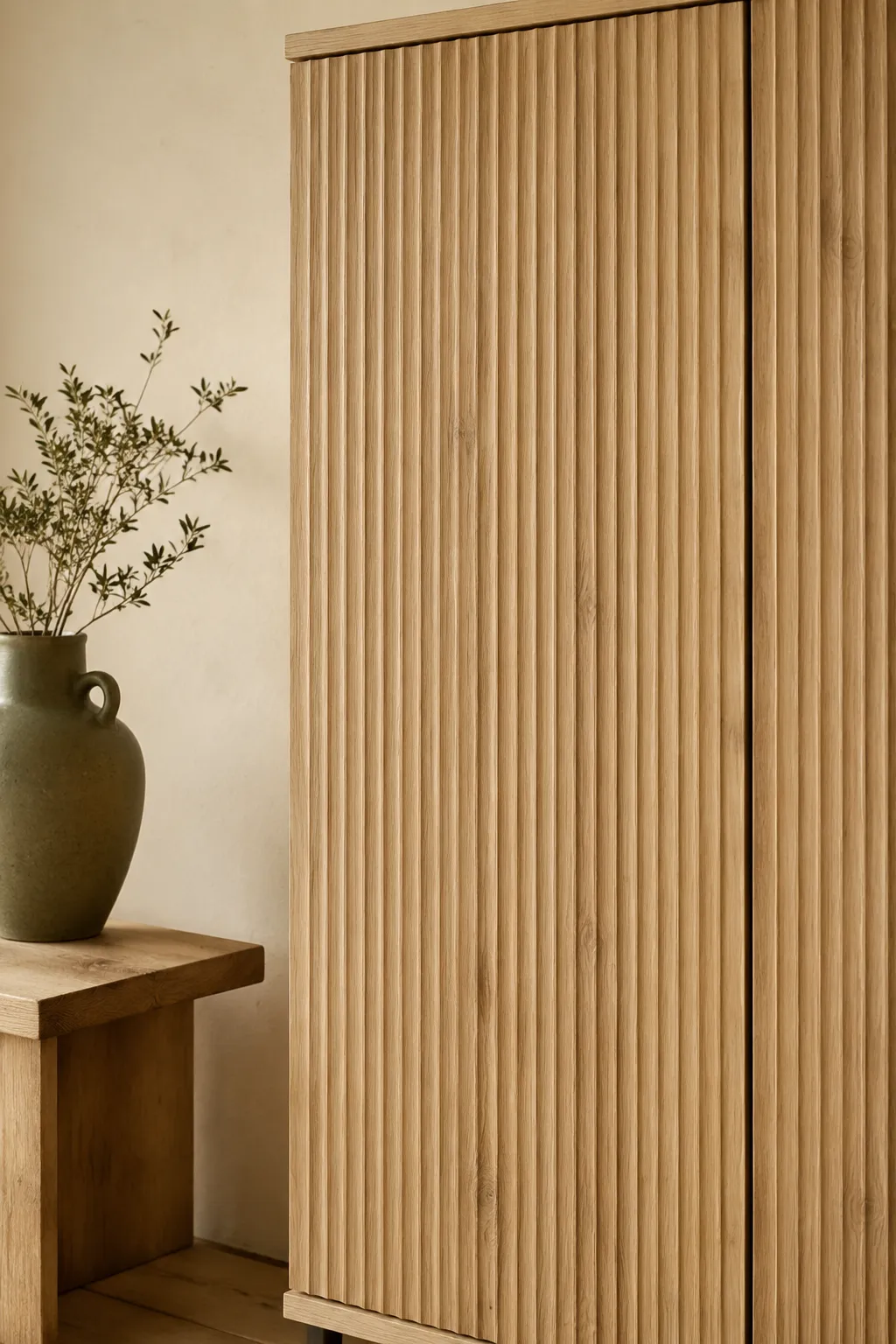 Close-up of fluted natural oak wood cabinet doors providing hidden macro-storage with a matte Japandi texture.