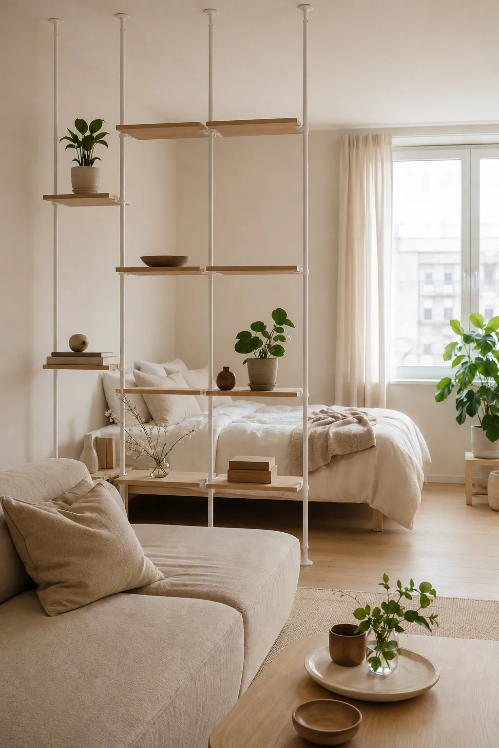 Open ELVARLI tension shelving unit acting as a transparent room divider, separating spaces without blocking natural light.