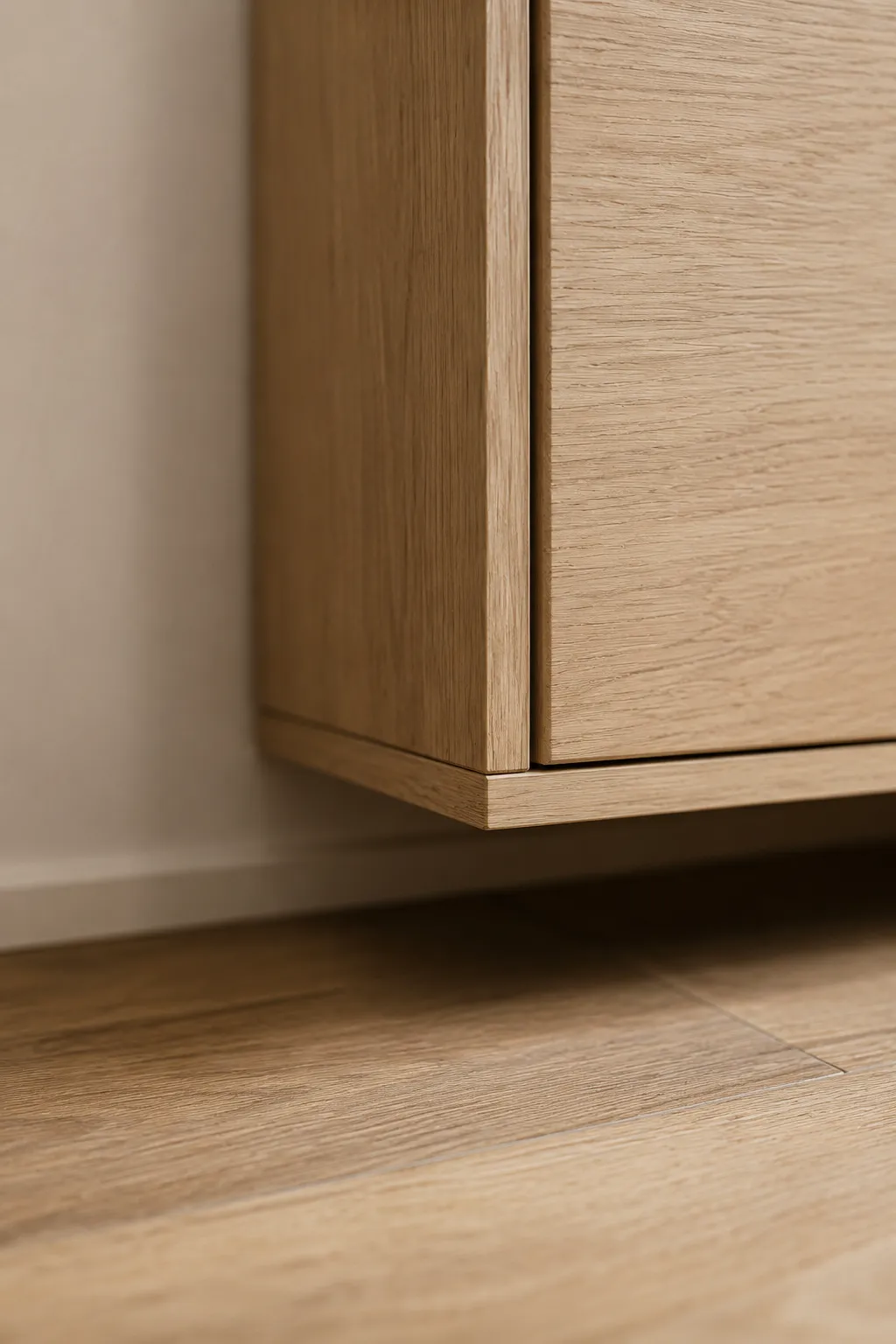 Macro close-up of a floating minimalist oak cabinet corner, demonstrating a hardware-free design and clear floor clearance.