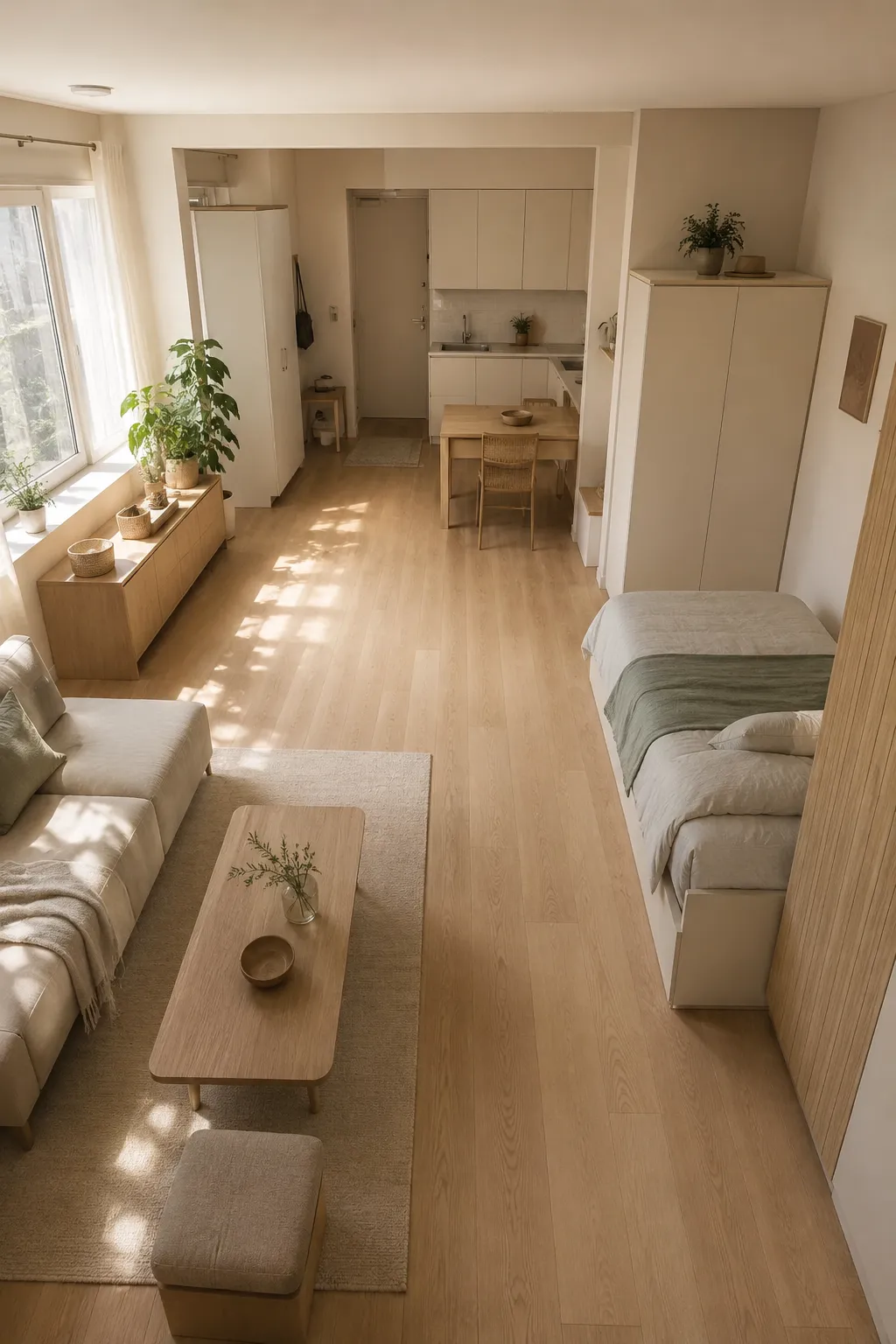 High-angle view of an optimized studio apartment layout, with modular storage pushed to the perimeter to keep the center open.