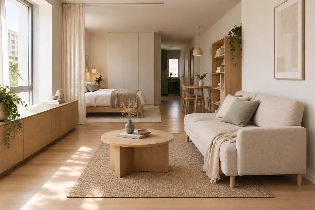 Small apartment layout featuring light oak wood furniture, a beige linen sofa, and sheer curtains in a calm studio space.