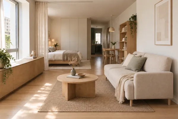 Small apartment layout featuring light oak wood furniture, a beige linen sofa, and sheer curtains in a calm studio space.