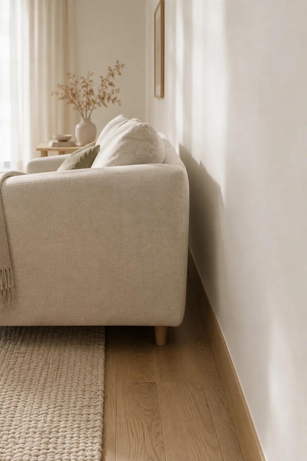 Floating furniture in a small living room layout: beige linen sofa pulled away from a matte wall casting a soft shadow.