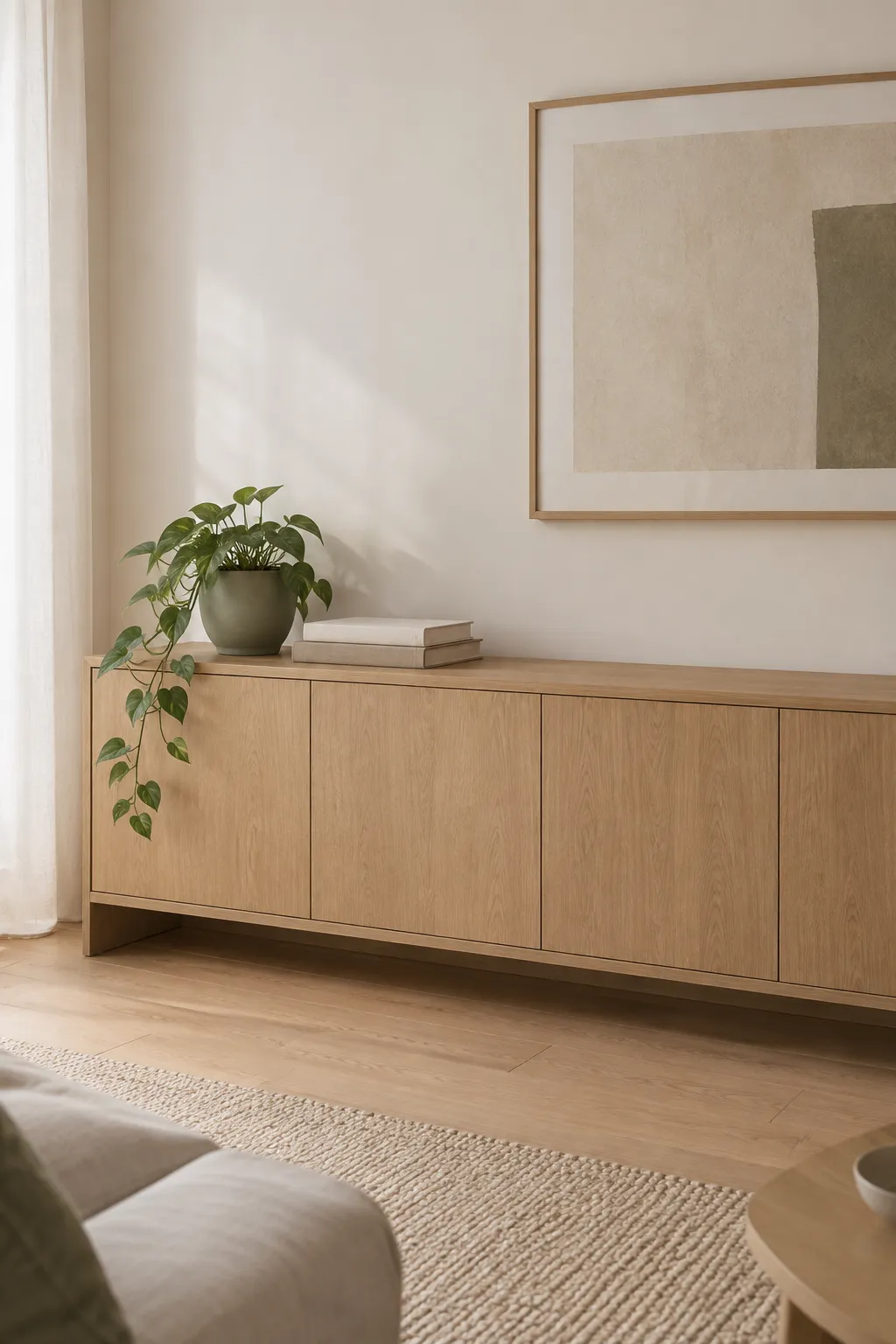 Hide clutter with low visual noise systems: enclosed light oak wood cabinet against a matte wall with a trailing plant.