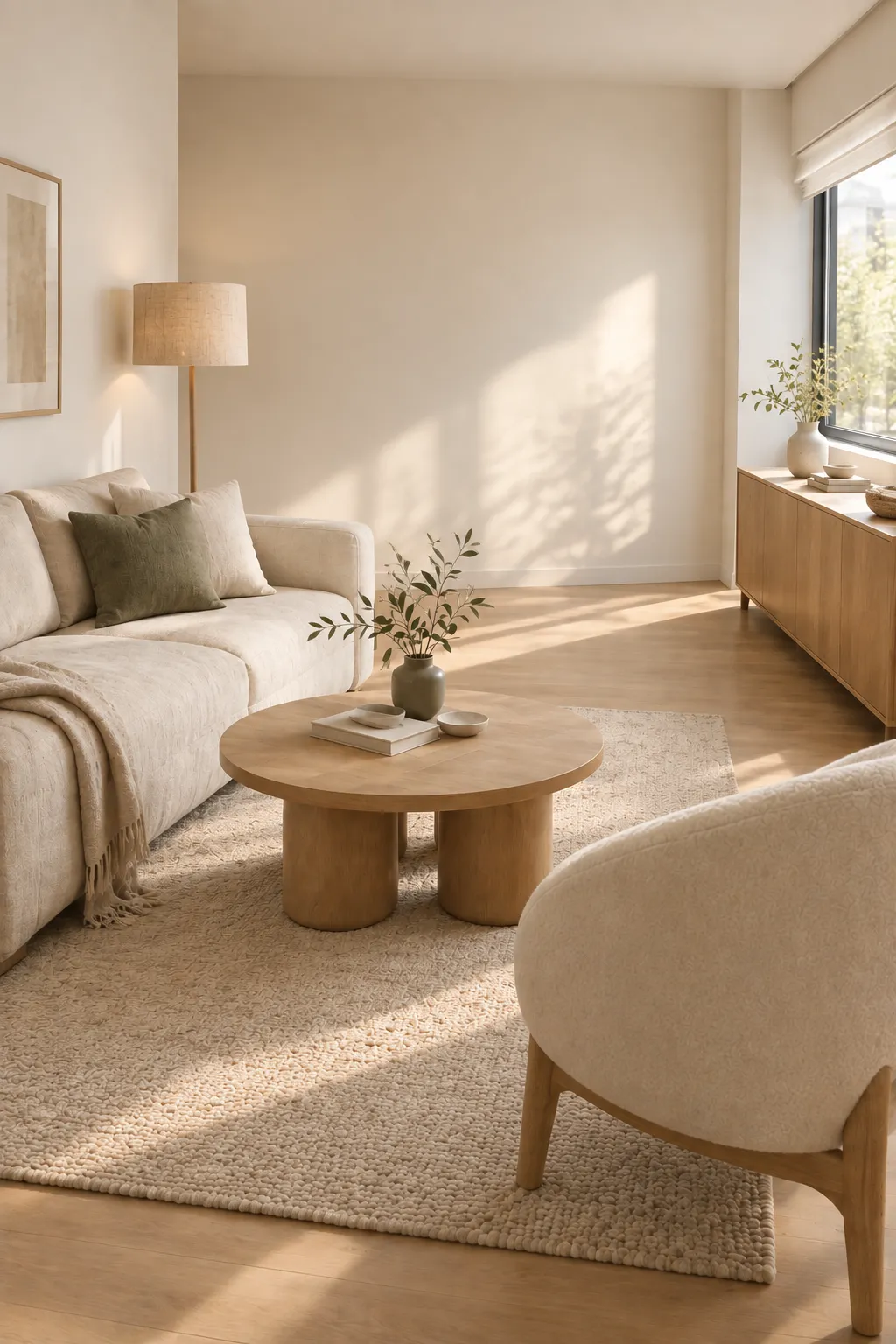 Curved furniture small space setup: round oak wood coffee table and soft boucle chair creating visual flow in a sunny room.