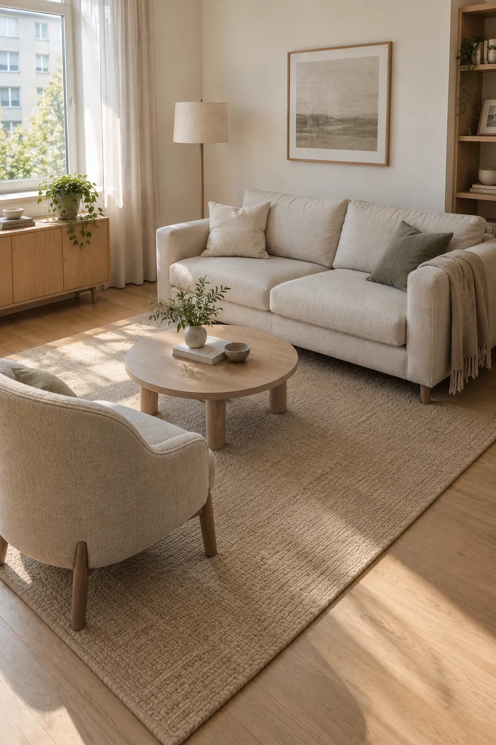 Studio apartment rug placement: large woven rug anchors a beige sofa and round oak coffee table in a bright room.