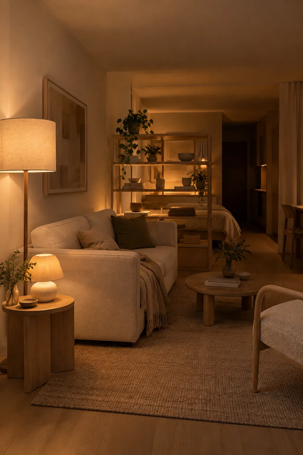 Layered lighting small spaces: warm ambient glow from floor and ceramic table lamps beside a linen sofa.