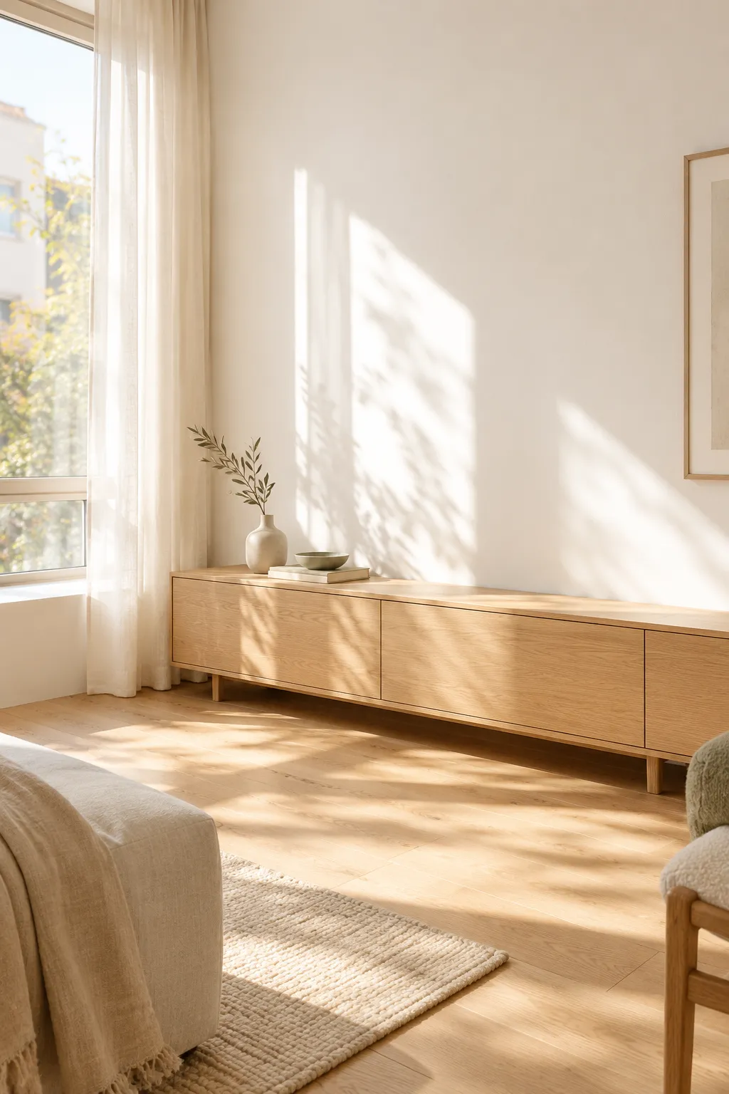 Low profile furniture apartment layout: low oak wood console below windowsill letting sunlight spill on wall.