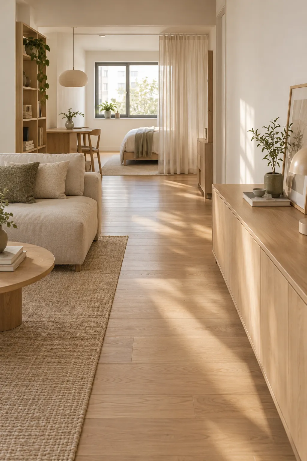 Small apartment layout flow: clear unobstructed oak floor pathway between sofa and long low wooden console.