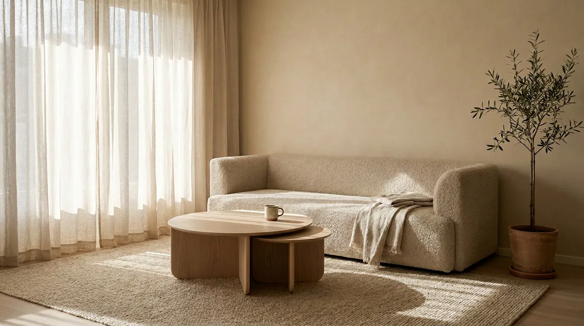 Small living room layouts featuring a low oatmeal sofa, round oak coffee table, and large textured rug.