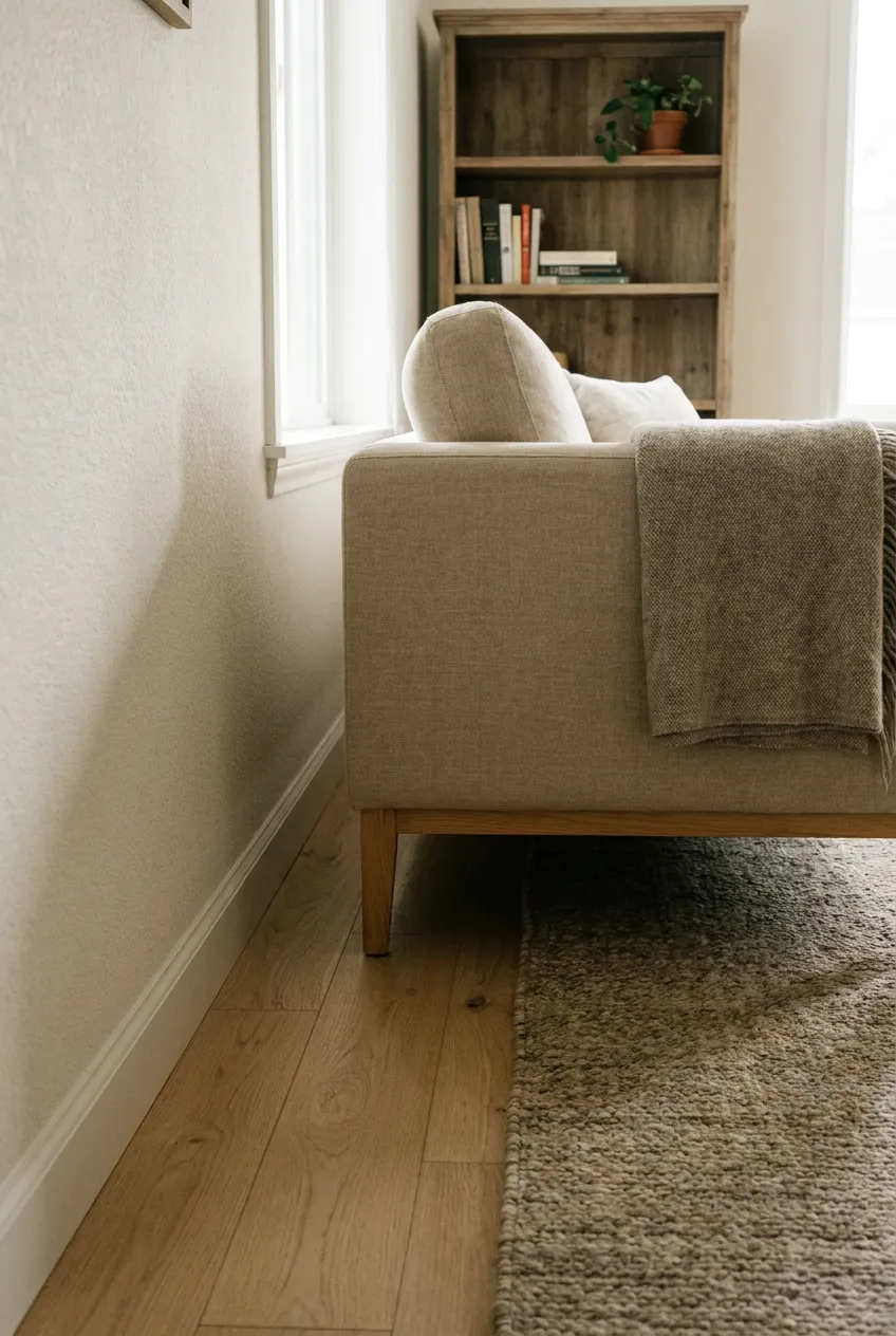 Floating furniture arrangement with a beige sofa pulled off the wall, exposing an open oak walkway.