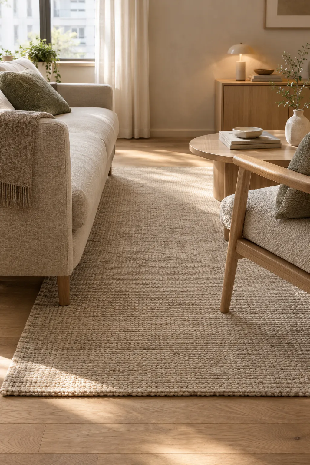 Living room rug placement with a large woven wool rug anchoring front sofa legs on light oak floors.