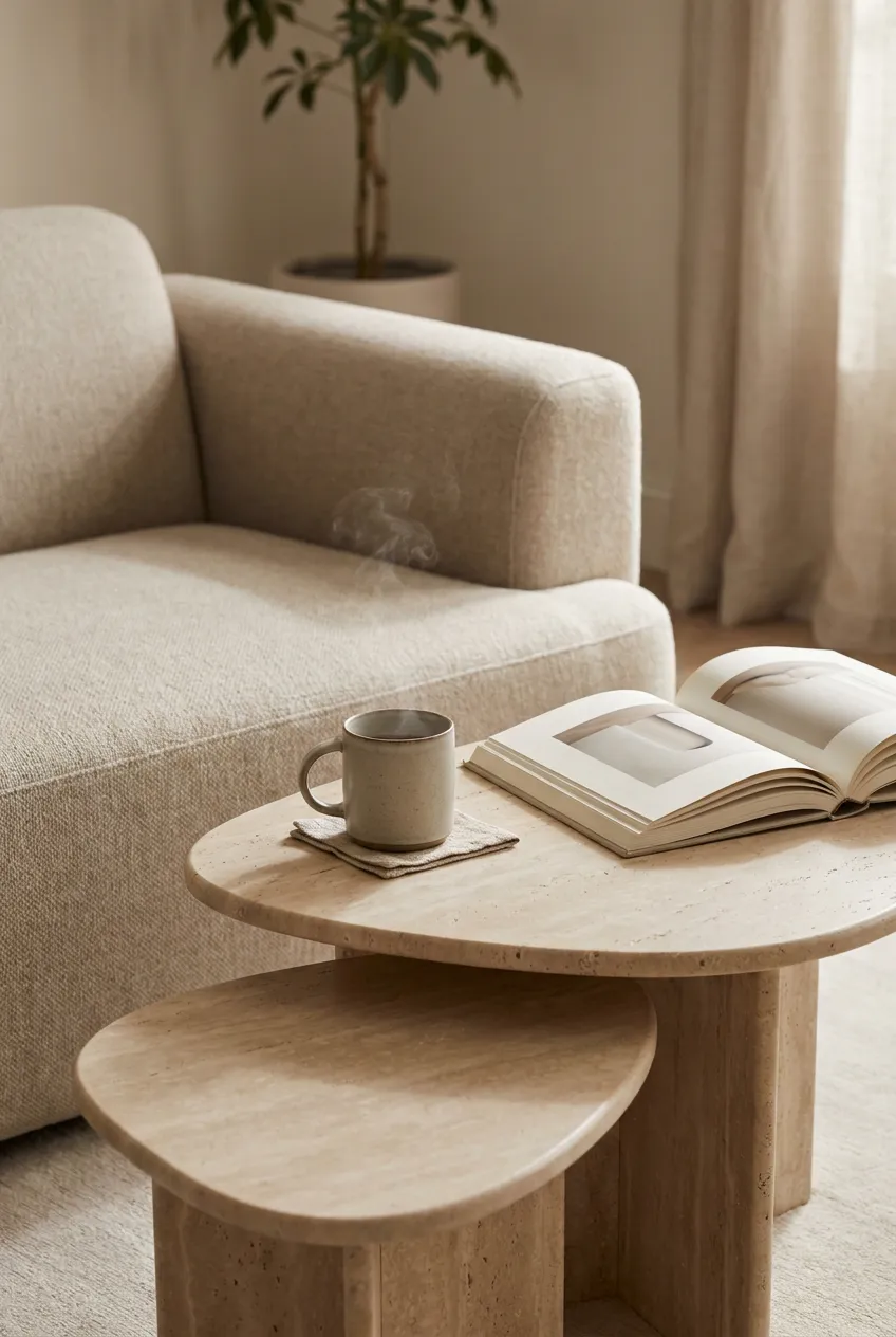 Curved furniture small space setup with round travertine nesting coffee tables and a steaming mug.