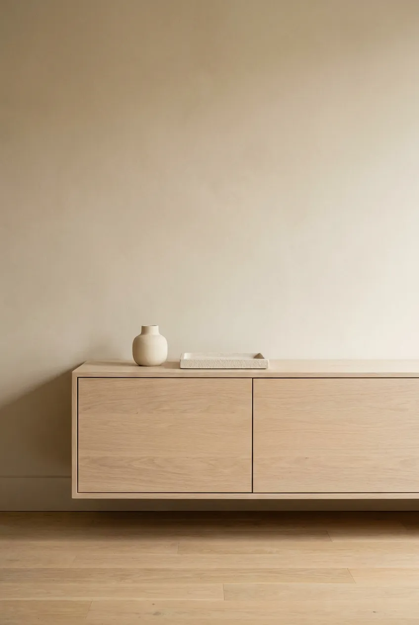 Sneaky storage solutions showing a floating oak media console with closed doors and concealed wiring.