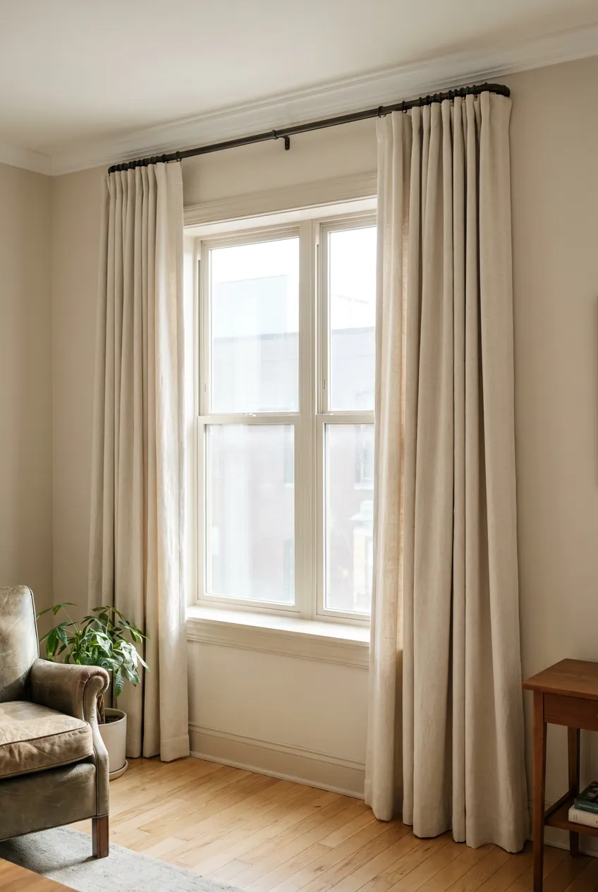 Vertical space optimization using floor-to-ceiling linen curtains hung high and wide on a small window.