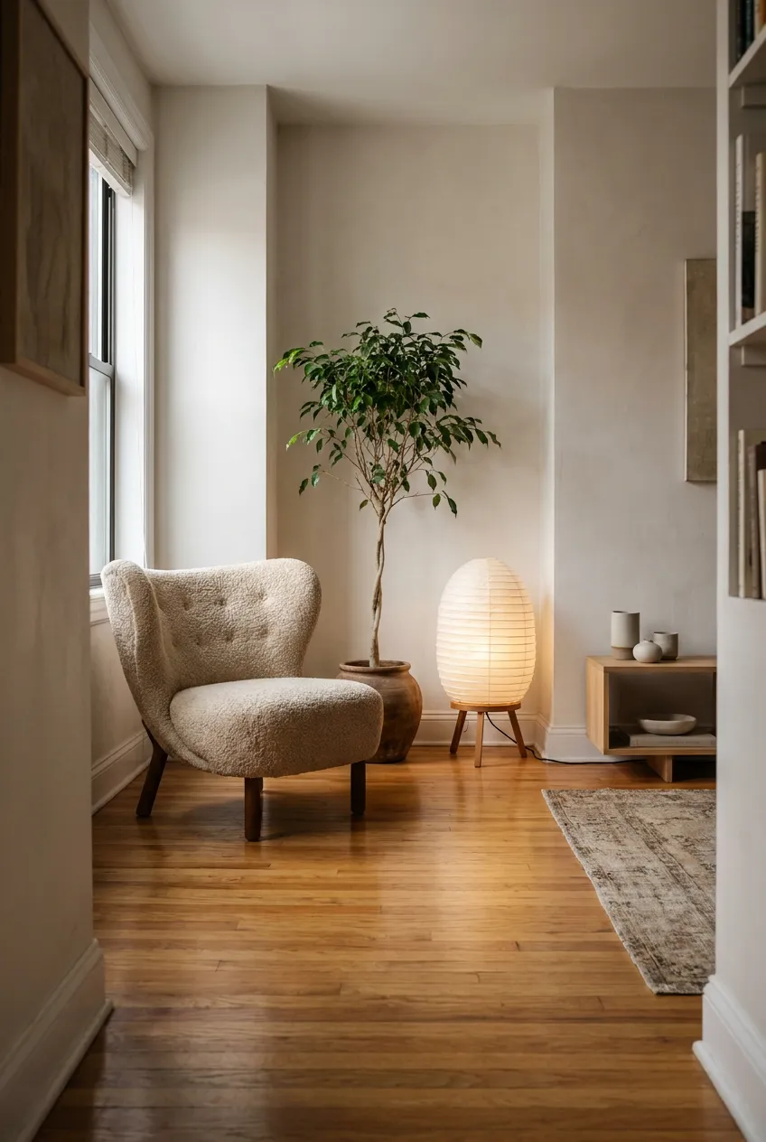 Diagonal furniture placement with a bouclé armchair angled at 45 degrees beside a potted ficus tree.