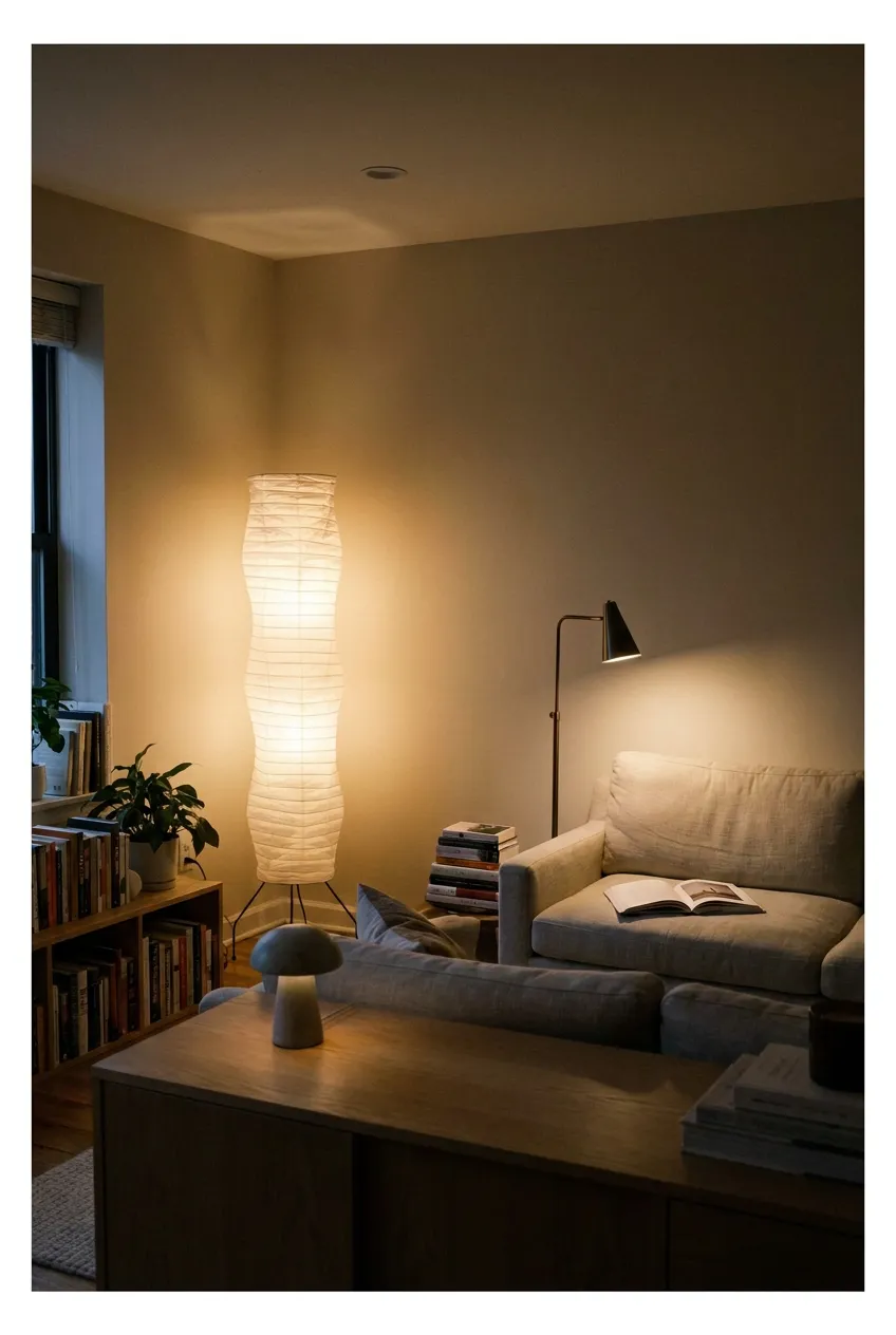 Layered lighting small spaces featuring a warm paper floor lamp, brass task lamp, and cordless light.