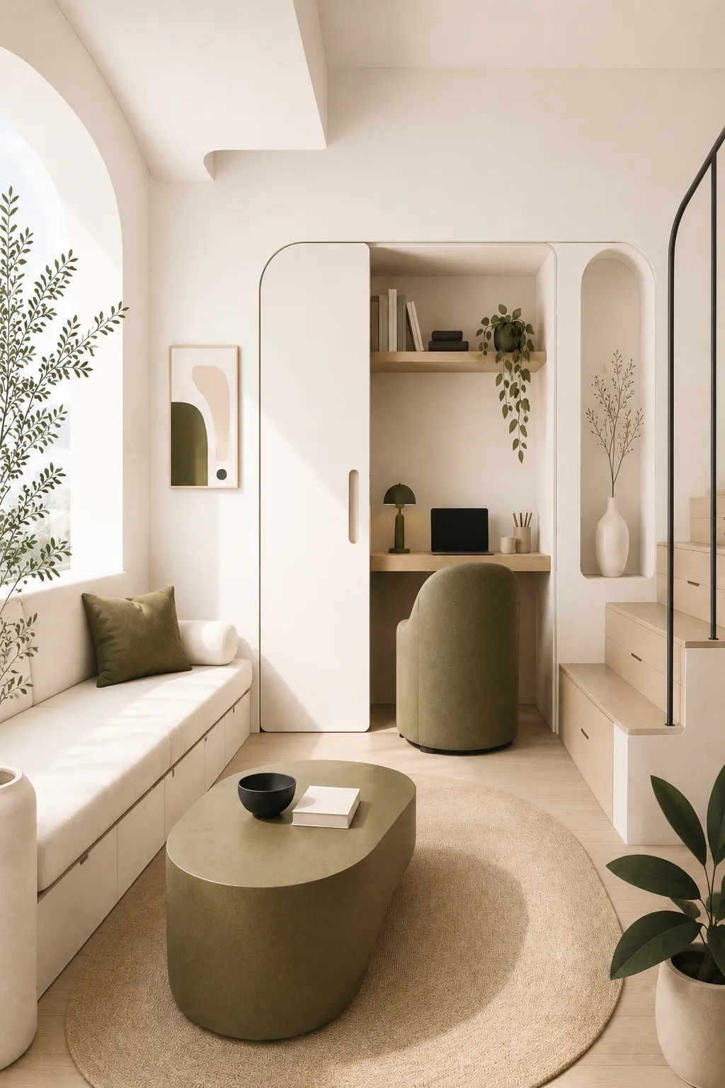 Minimalist illustration of a multifunctional tiny apartment with a cozy reading nook and hidden workspace, representing smart small-space living and intentional design.