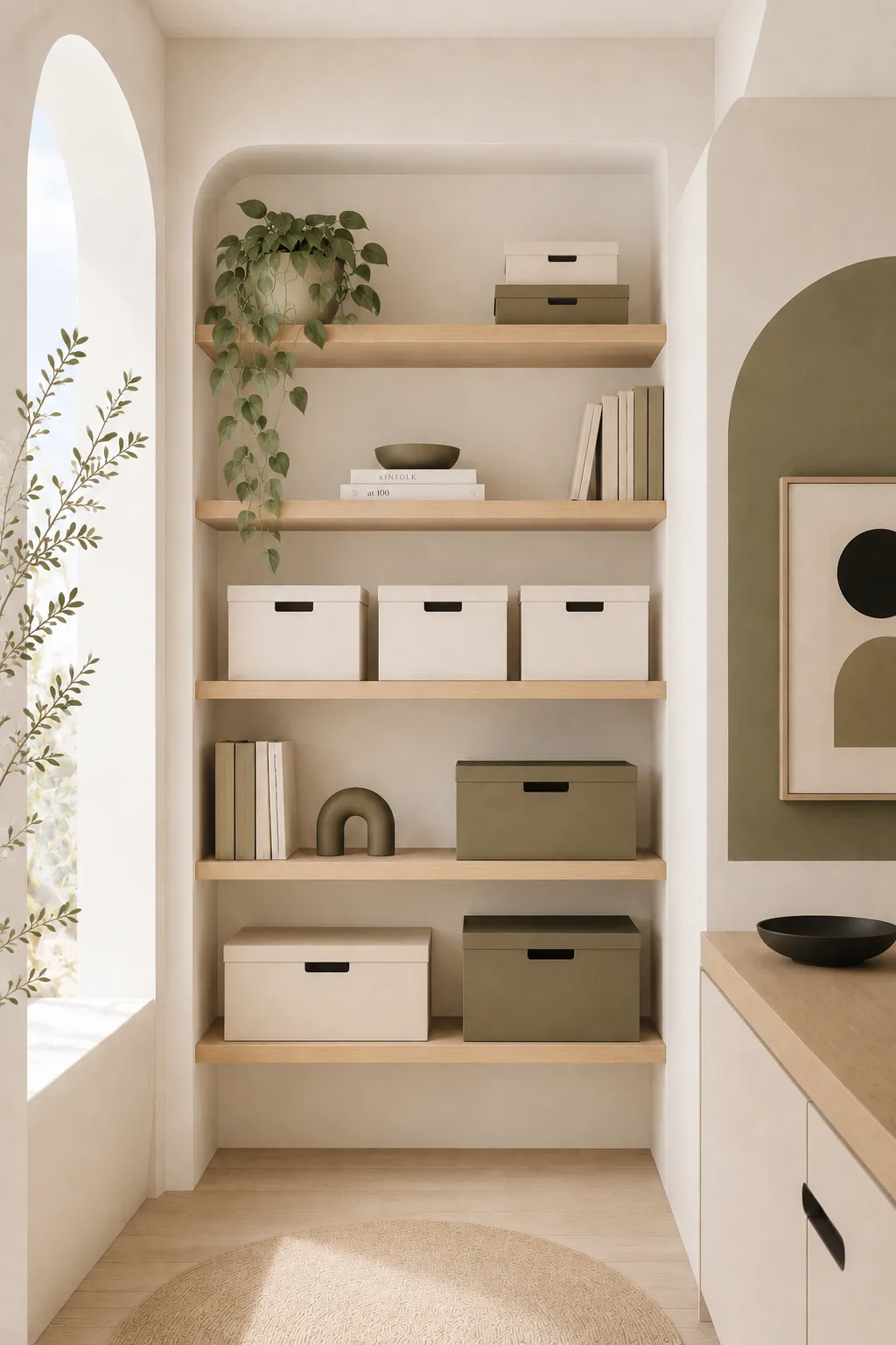 Minimalist illustration of neatly organized open shelving with storage boxes, books, and plants, representing clutter-free organization for a small apartment.