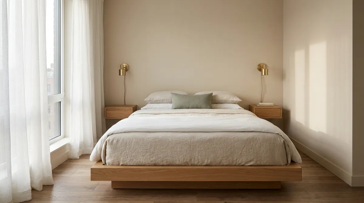 Symmetrical tiny bedroom layout featuring a low oak bed and brass wall sconces.