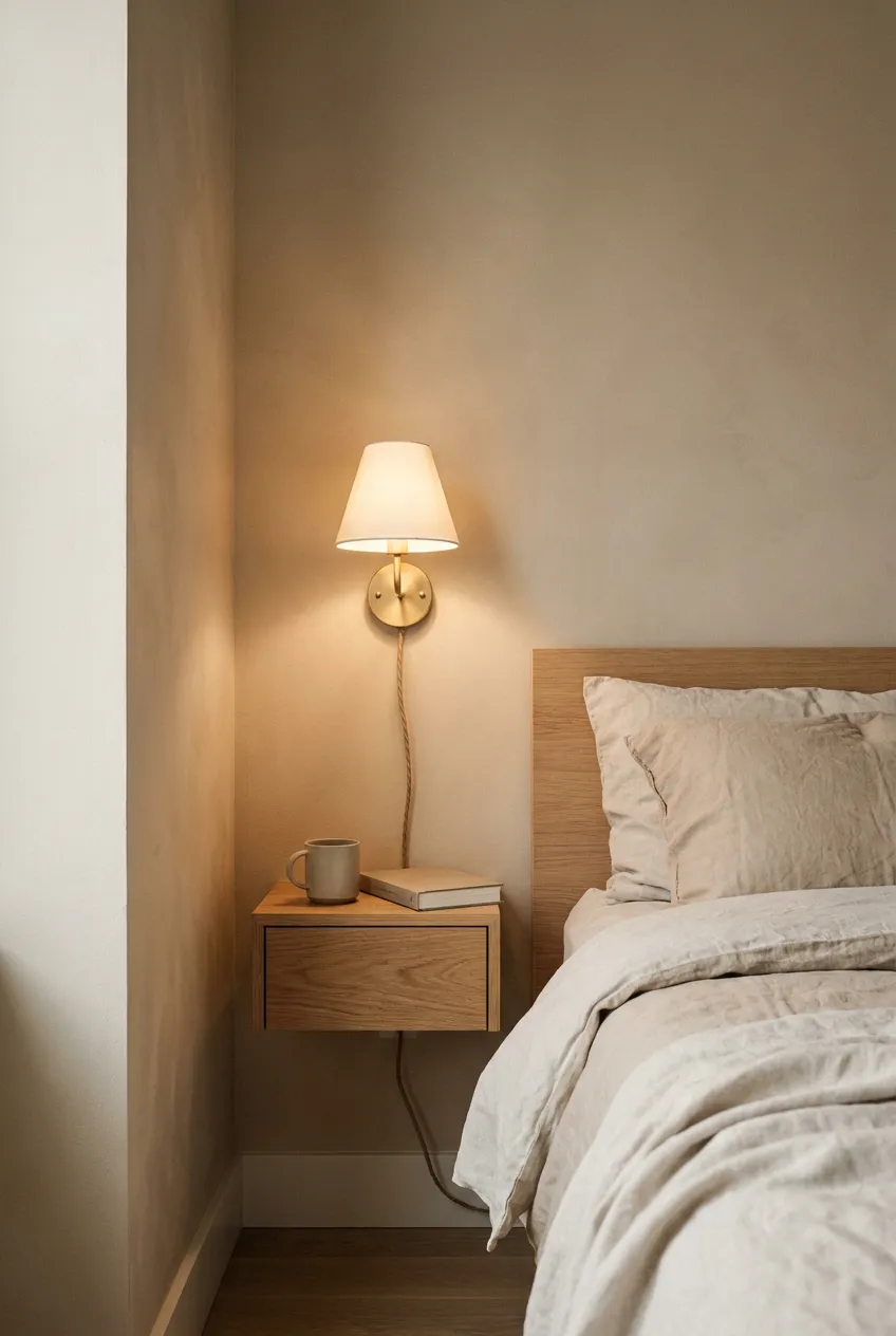 Tiny bedroom wall sconce above an oak floating nightstand with linen bedding.