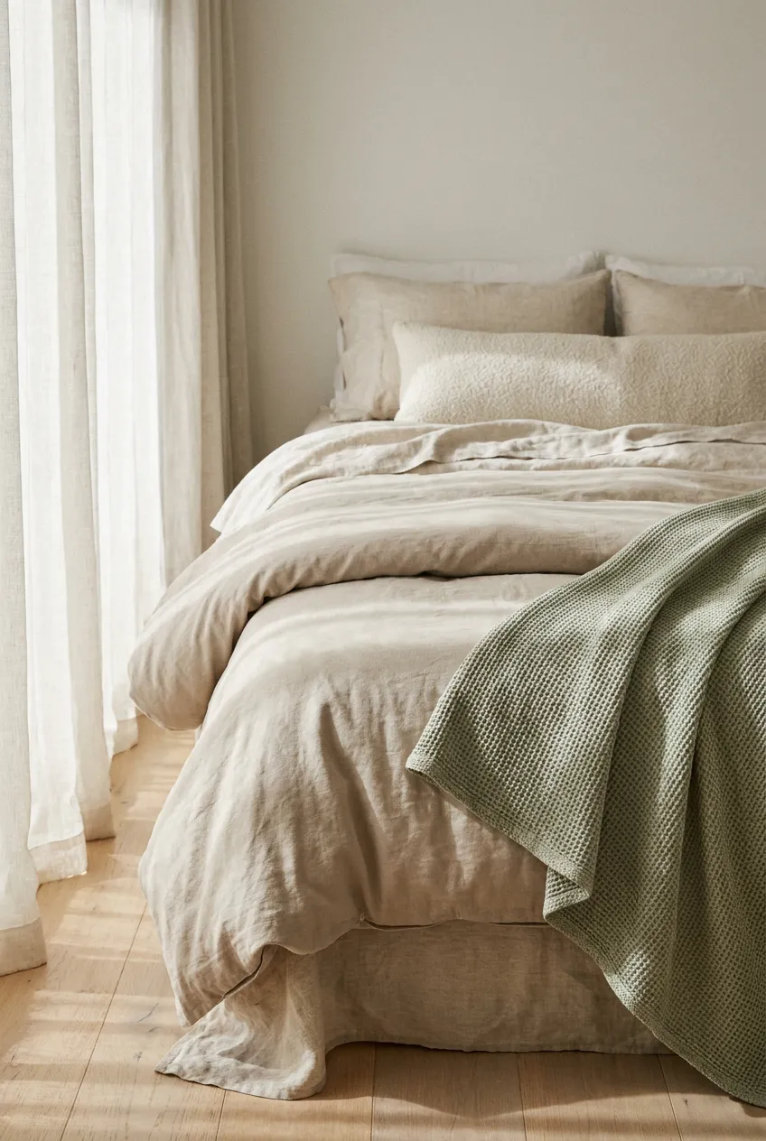 Tiny bedroom layered linen bedding with a sage waffle throw and sheer drape.