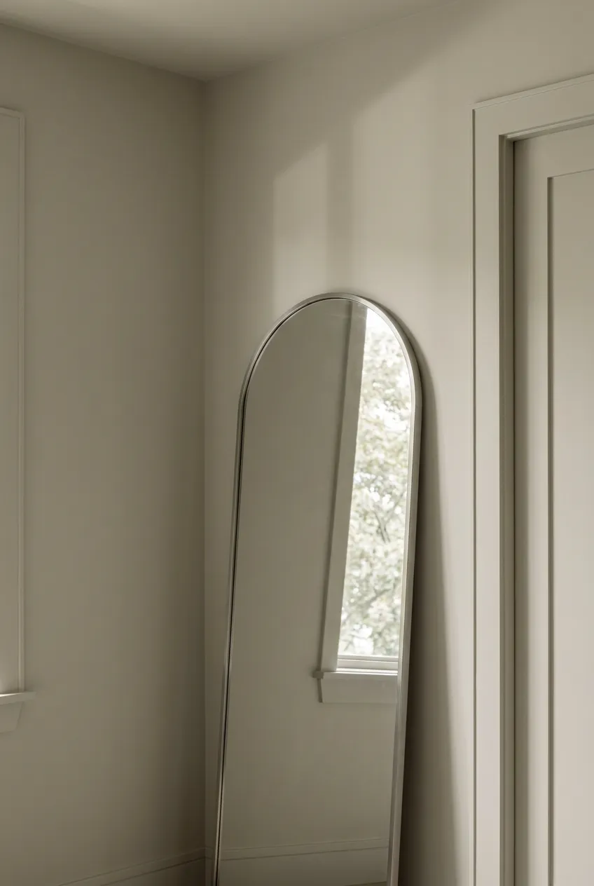 Color drenching small bedroom corner with an arched mirror reflecting daylight.