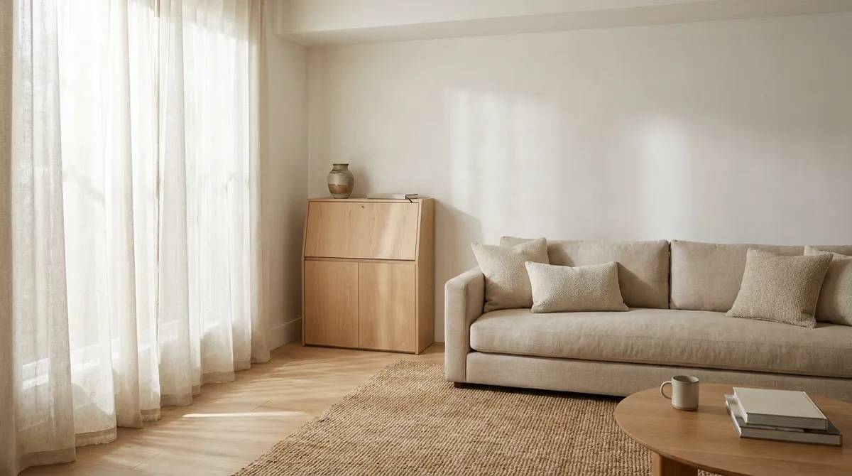 Tiny home office setup with a closed oak secretary desk in a serene, sunlit Japandi studio living room.