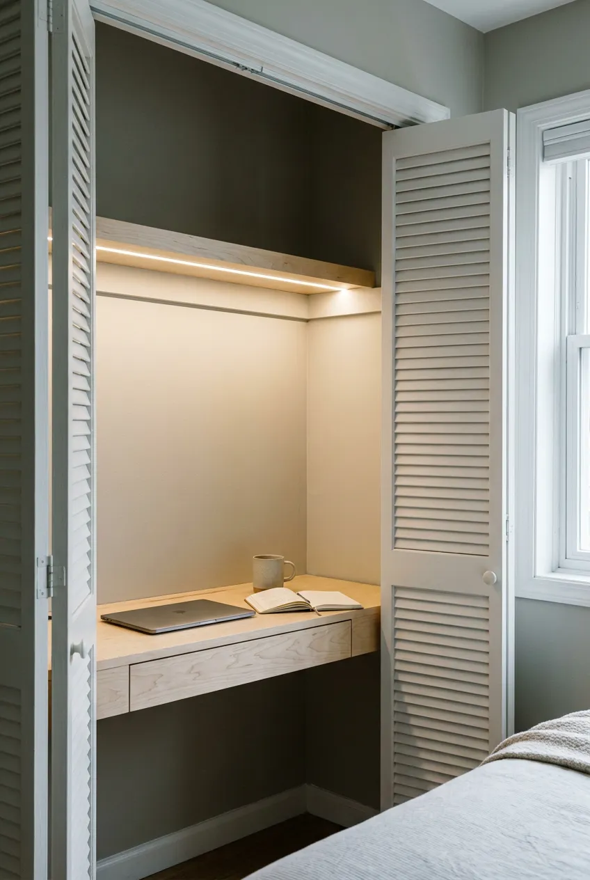 Cloffice idea for small spaces: a reach-in closet desk conversion with birch wood top and louvered doors.