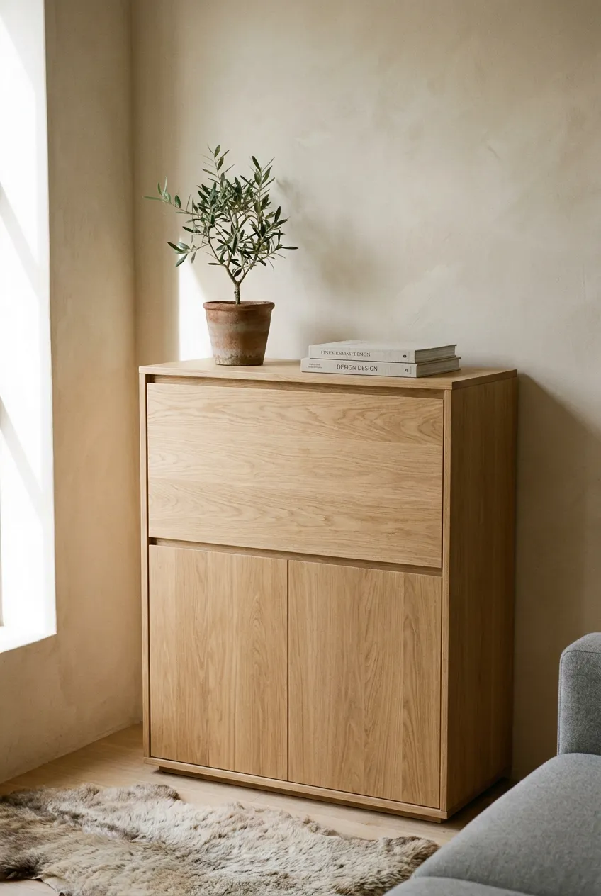 Closed armoire desk in a small space living room, featuring light oak wood and a potted olive branch on top.