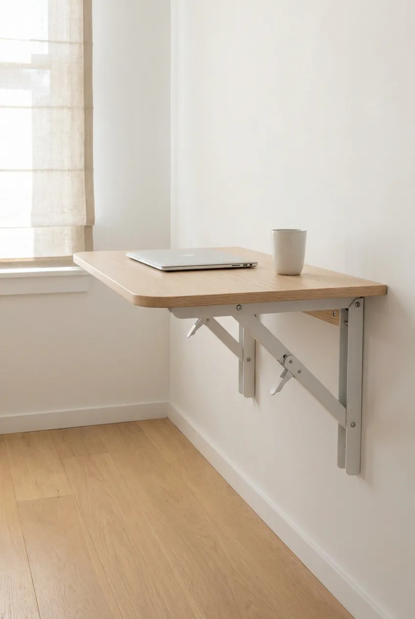 Wall mounted folding desk deployed above an open wood floor with white steel brackets in a small bedroom.