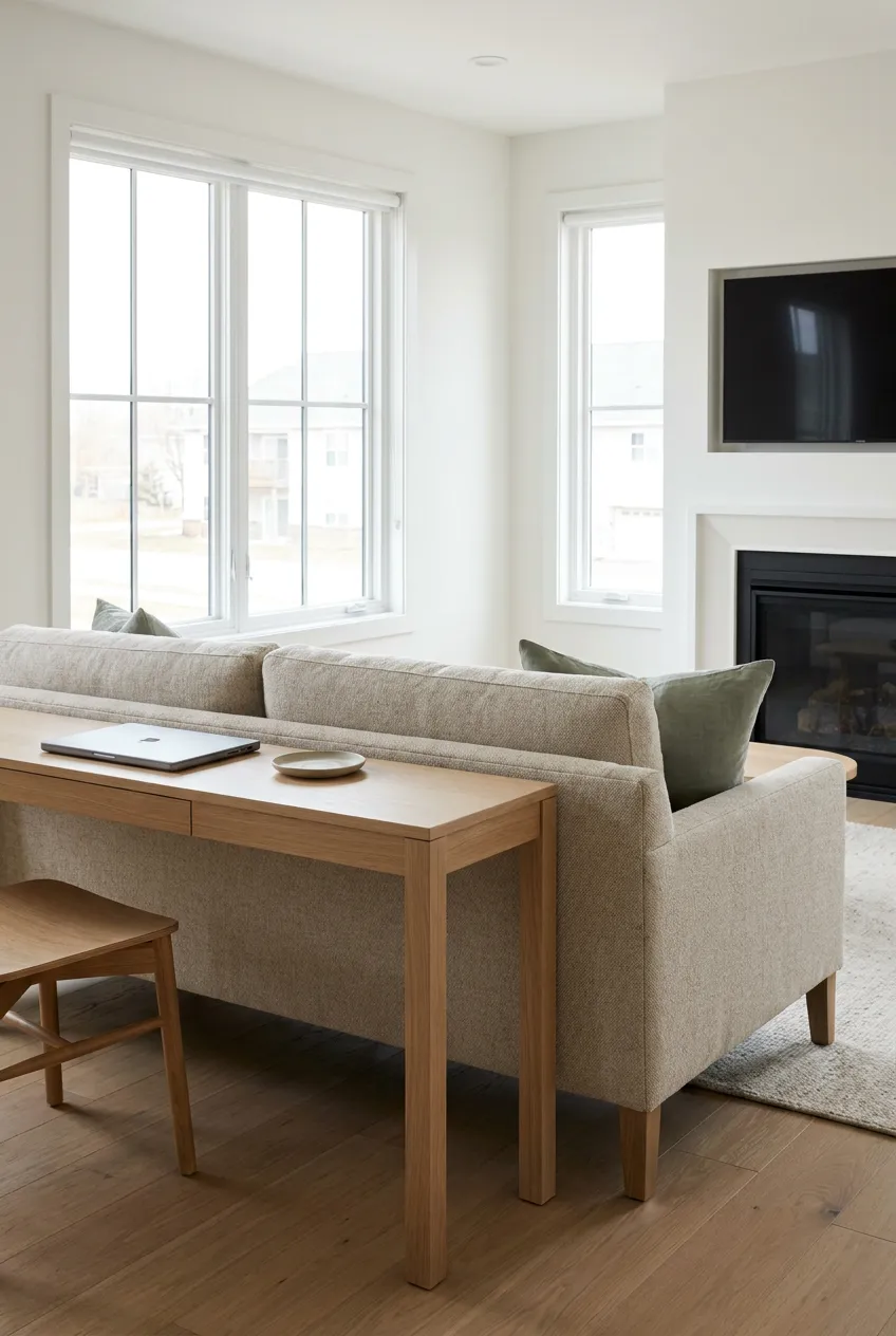 Sofa console desk in a behind couch layout, featuring slim light oak wood flush with an oatmeal sofa back.