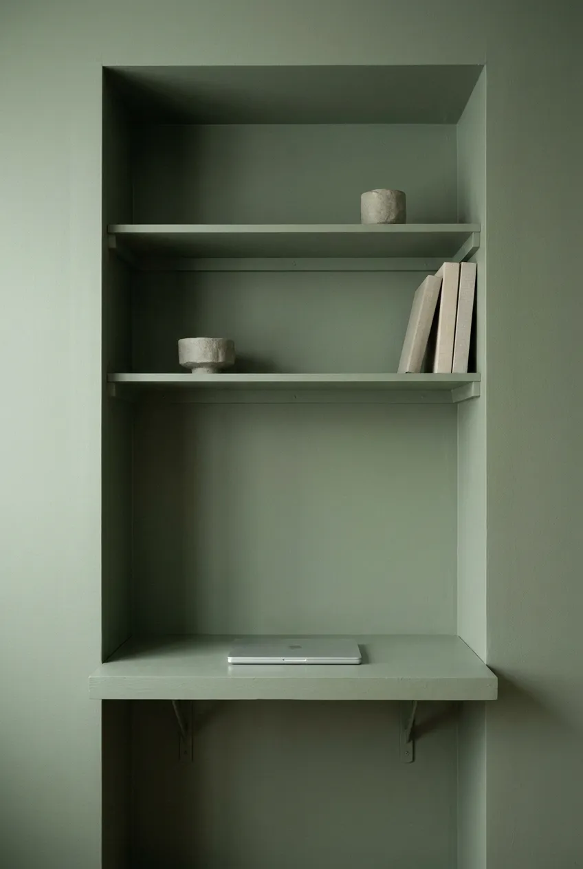 Alcove desk idea using muted sage green color drenching across floating shelves and a matte study surface.