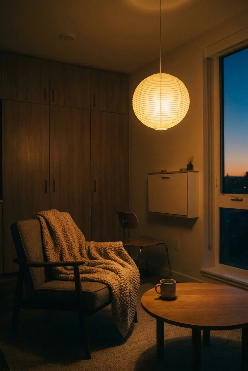 Calm home office aesthetic at dusk with a closed desk, glowing washi paper lantern, and cozy armchair.