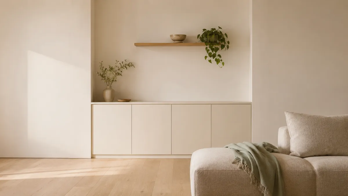 Warm minimalist studio apartment living room with invisible storage cabinets matching cream walls, an edited floating shelf, and an oatmeal textured sofa under soft morning daylight.