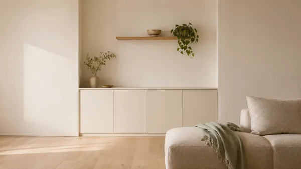 Warm minimalist studio apartment living room with invisible storage cabinets matching cream walls, an edited floating shelf, and an oatmeal textured sofa under soft morning daylight.