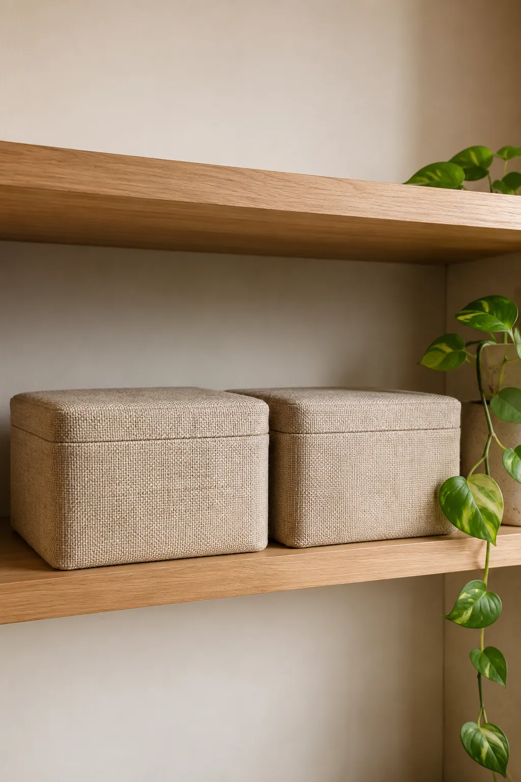 Two opaque textured linen storage boxes with lids on an oak floating shelf next to a pothos plant, demonstrating a clear plastic bin alternative for reducing visual clutter.