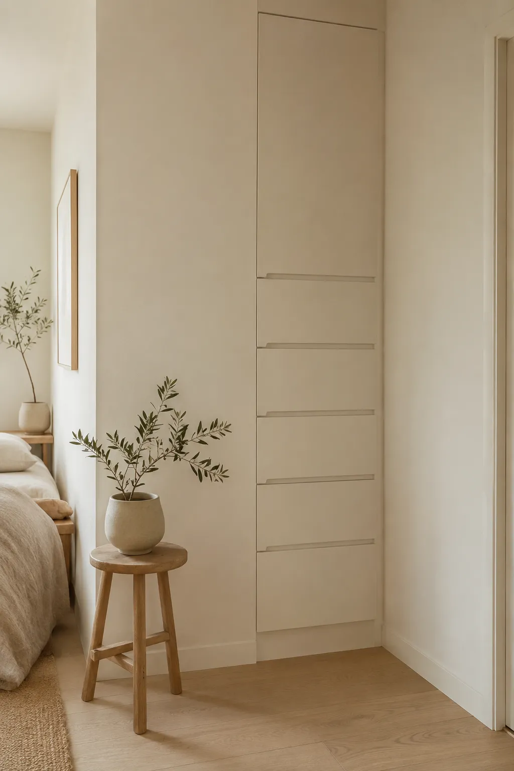 Tall built-in vertical storage cabinet utilizing tonal matching to blend seamlessly into a warm cream studio apartment wall next to a rustic wooden plant stool.