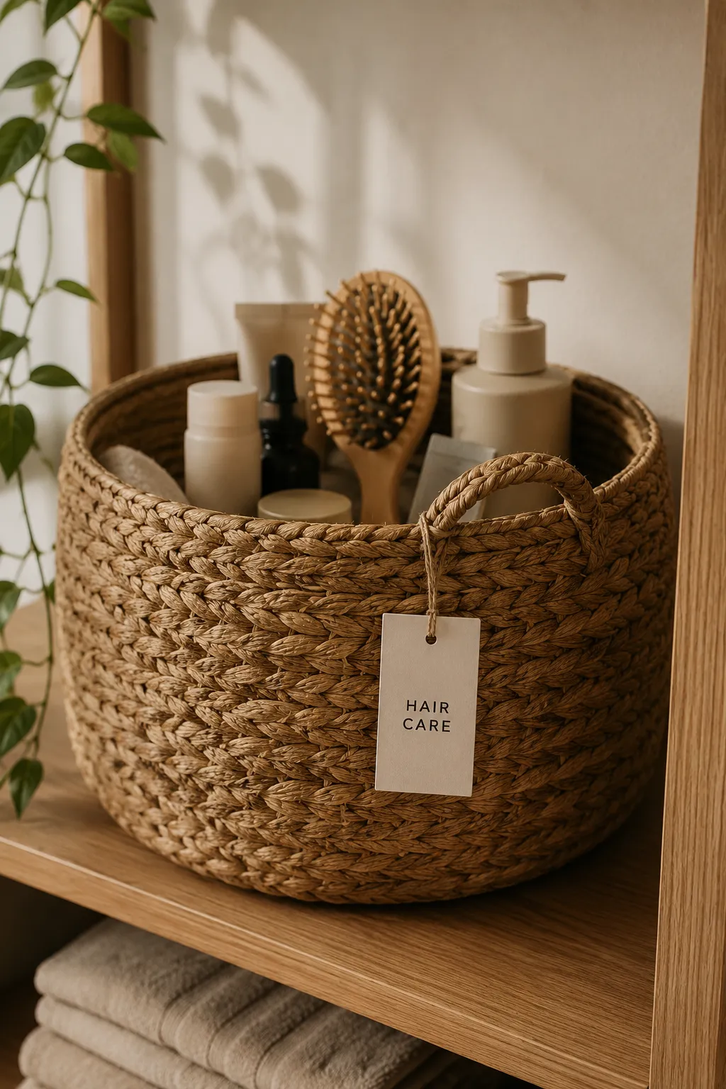 Close-up of a woven rattan basket labeled with a minimalist Hair Care paper tag on an oak shelf, demonstrating macro organization and low-friction living.