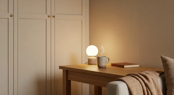 Warm minimalist studio apartment corner featuring a light oak table with a single steaming ceramic mug and a warm glowing lamp casting soft shadows on a beige plaster wall.