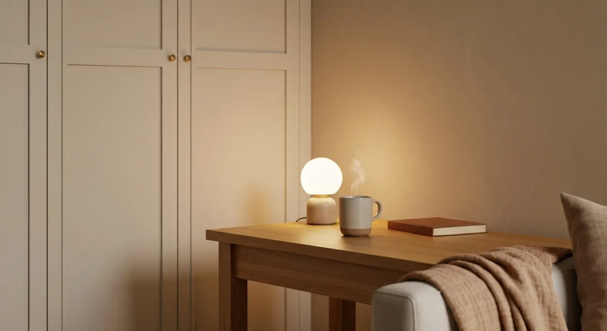 Warm minimalist studio apartment corner featuring a light oak table with a single steaming ceramic mug and a warm glowing lamp casting soft shadows on a beige plaster wall.