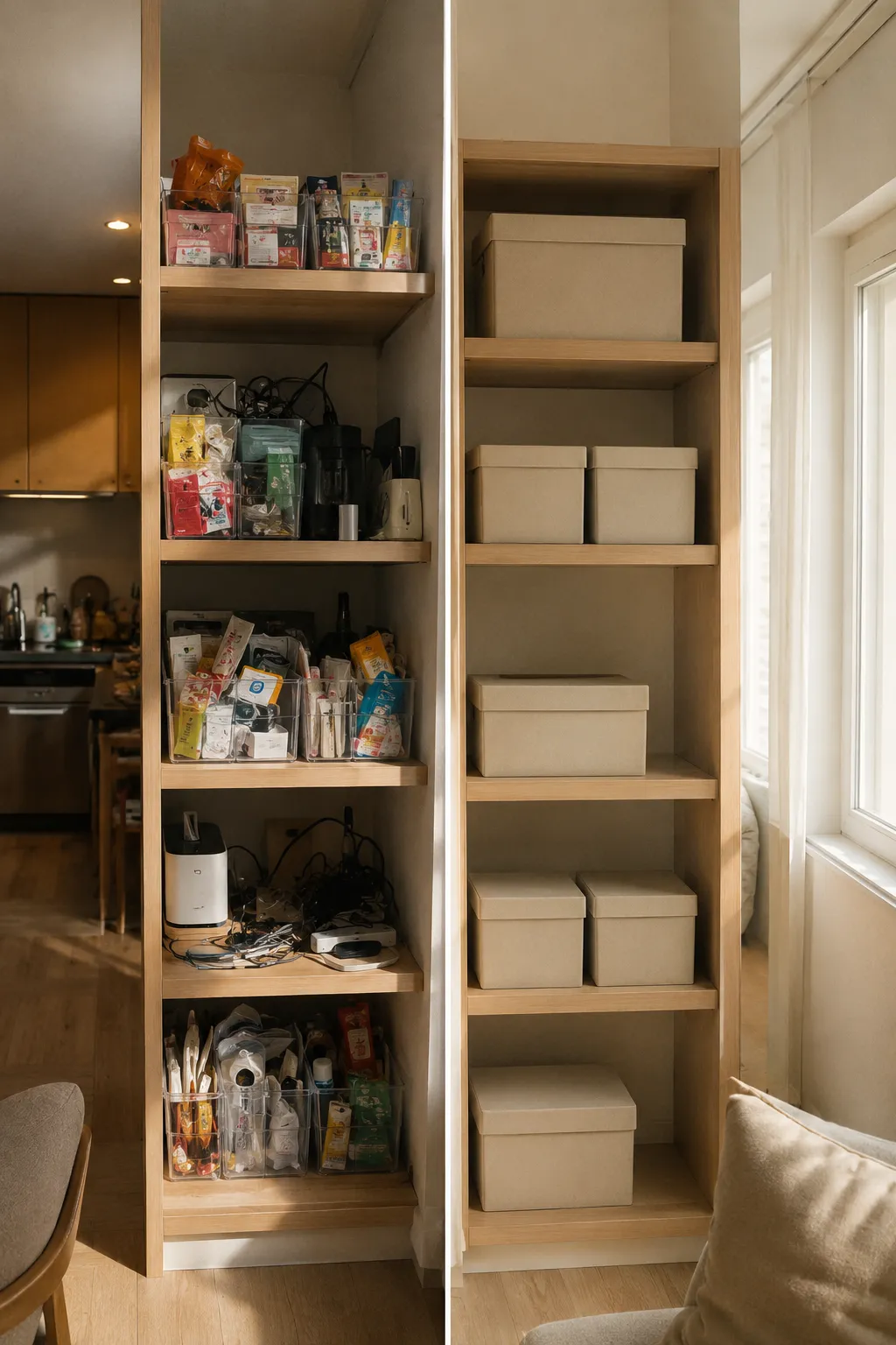 Split screen comparison of small apartment shelves showing messy visual clutter in clear acrylic bins versus organized visual silence using opaque matte cream boxes.