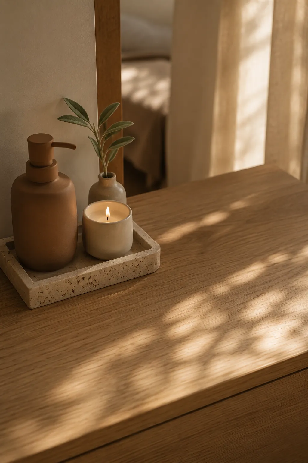 Aesthetic close-up of a light oak table with a travertine tray holding a decanted ceramic bottle and a candle, showcasing negative space and the Japanese concept of Ma.