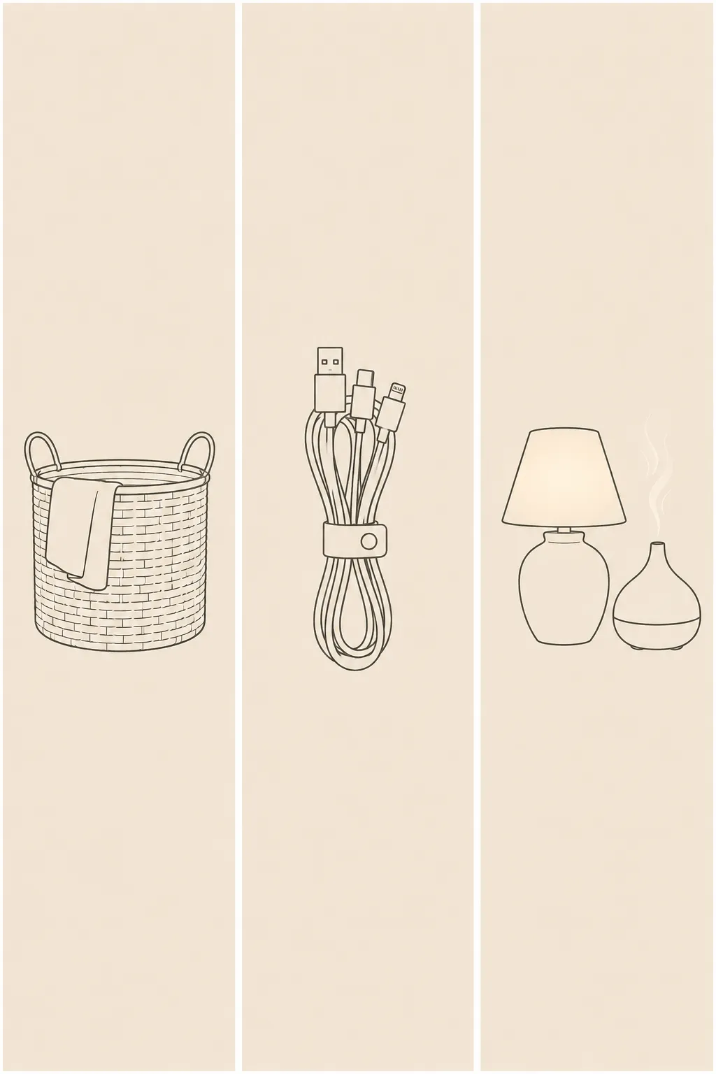 Minimalist three-panel graphic diagram illustrating a 15-minute calm reset routine with line art icons for a woven basket, cable management, and a warm lamp.
